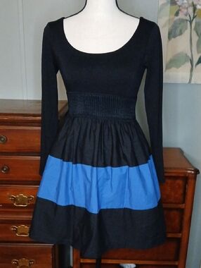 Ela Moss Black And Blue Stretch Longsleeve Dress S